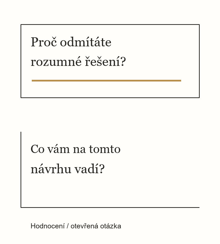 Srovnání dvou redakčních příkladů: otázka předem označující řešení za rozumné a otázka na konkrétní výhradu. Žádný přepis skutečného rozhovoru.